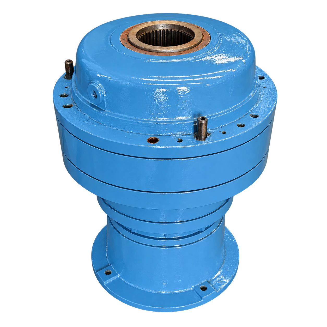 Crusher main drive gearbox with a cylindrical housing and circular flanges