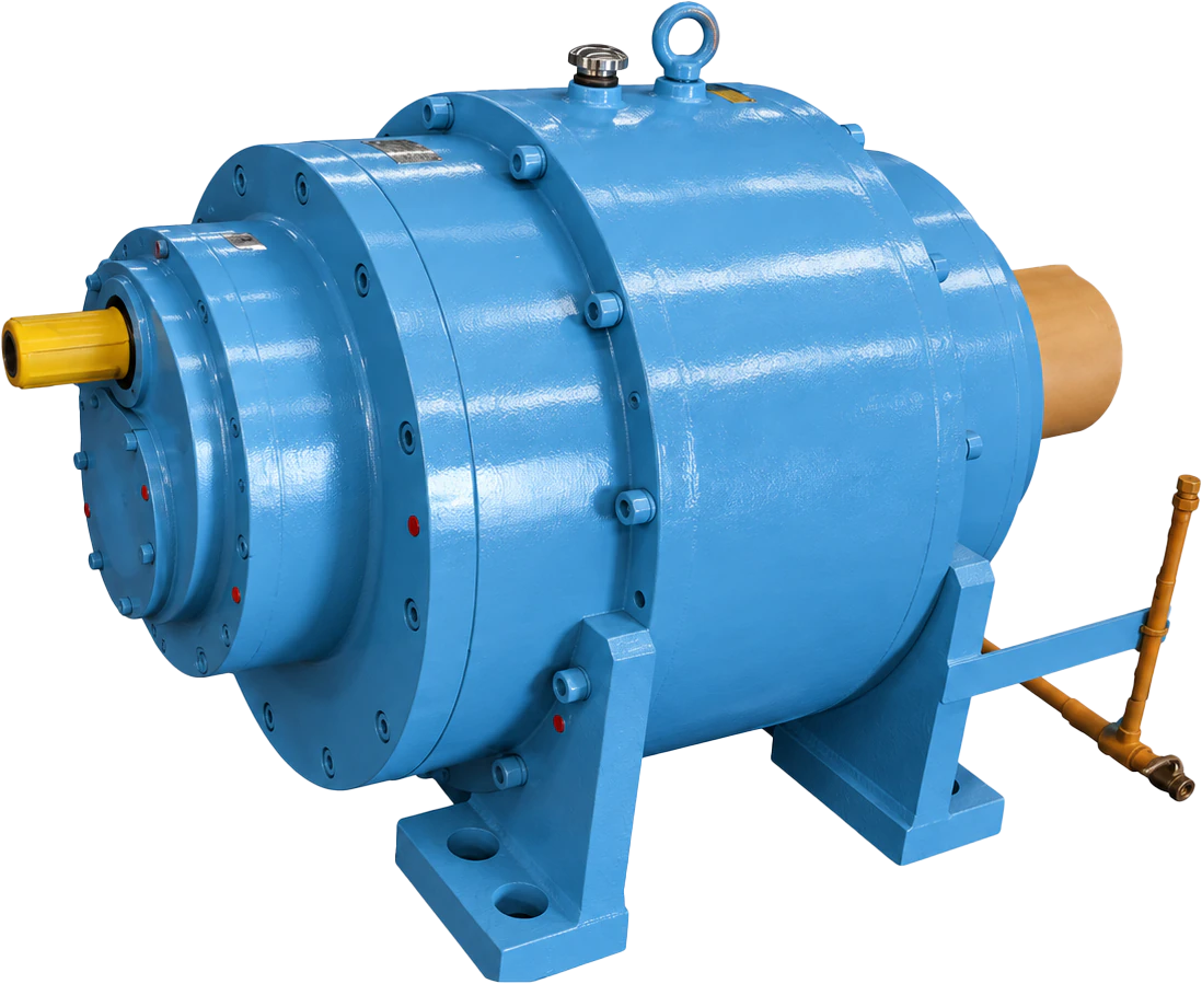 Green plate rolling machine main drive gearbox with a cylindrical housing and mounting feet