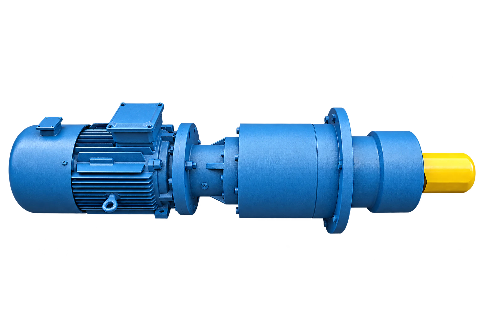 Blue rotary hearth furnace main drive assembly with an electric motor and transmission housing