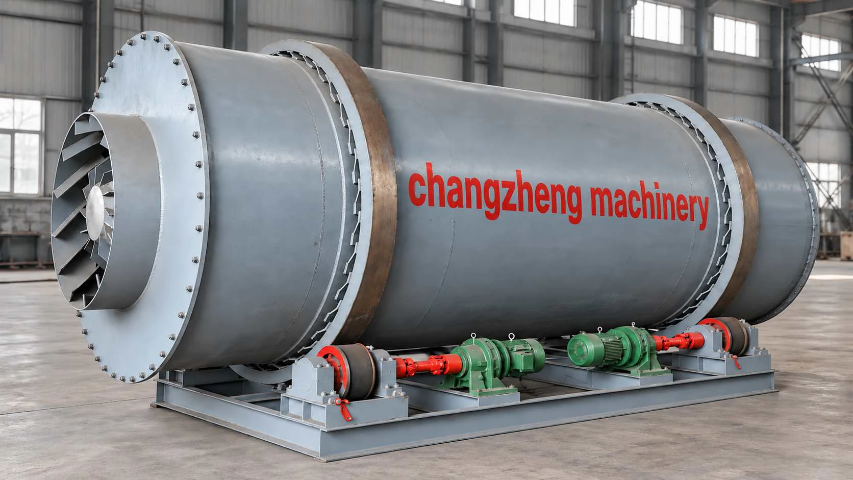Three-cylinder rotary dryer drum and drive assembly